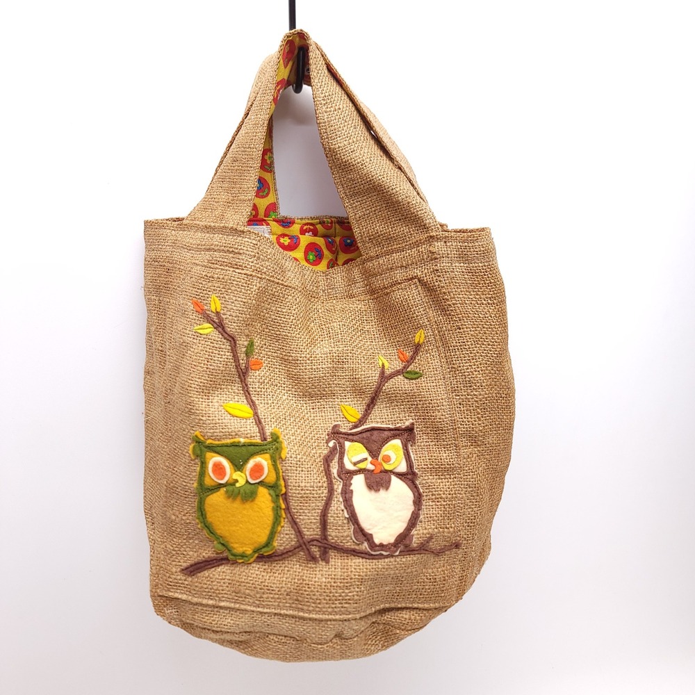 Handmade Burlap Owl Tote Bag Floral Lined Brown Tan Felt Applique Handbag